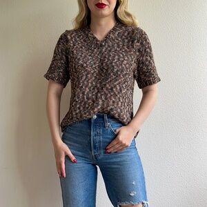 Vintage 1980s Shades of Brown Knitted Short Sleeve Top (M/L)